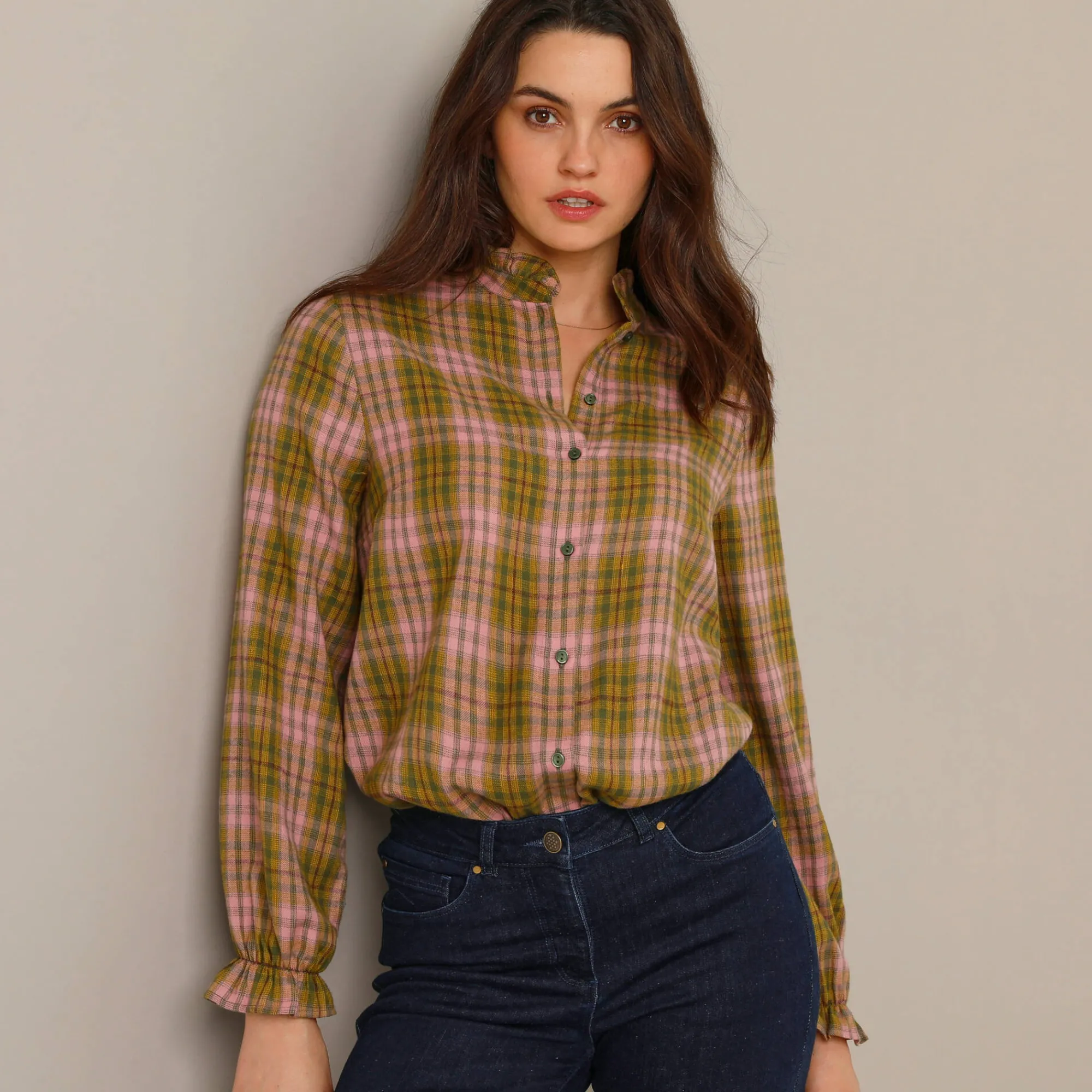 Bloes En Tuniek<Blancheporte Geruite blouse, flanel kaki / roze