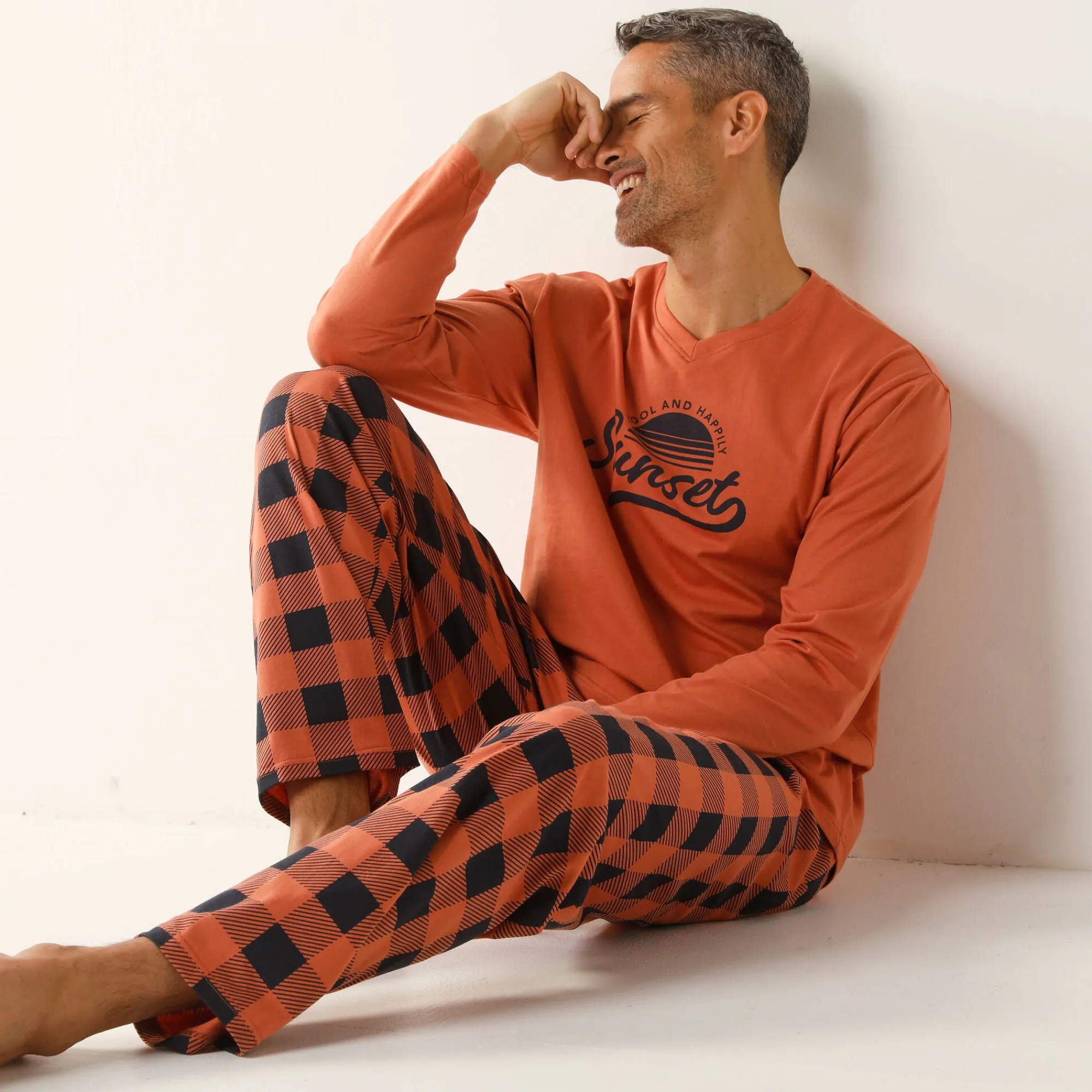 Pyjama En Kamerjas<Blancheporte Geruite pyjama in katoen met lange mouwen abrikoos