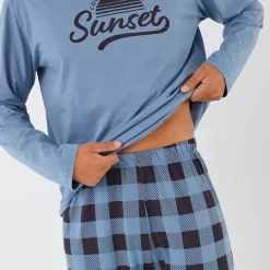 Pyjama En Kamerjas<Blancheporte Geruite pyjama in katoen met lange mouwen grijsblauw