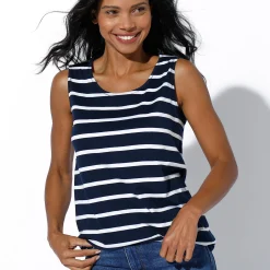T-Shirt En Topje<Blancheporte Gestreept topje met ronde hals marine / wit
