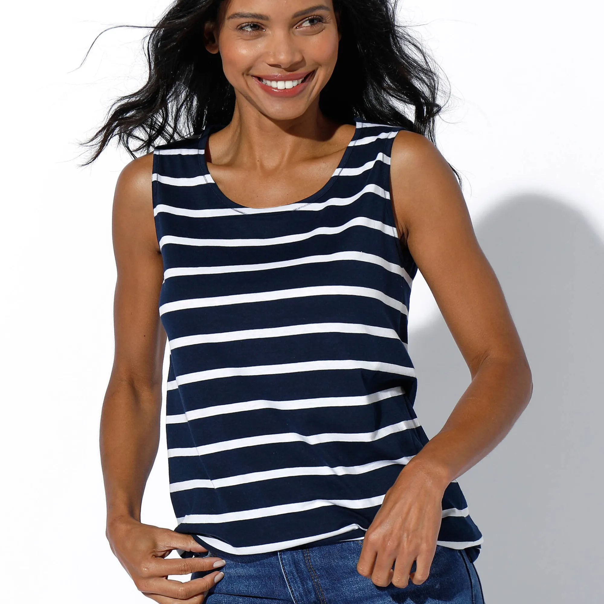 T-Shirt En Topje<Blancheporte Gestreept topje met ronde hals marine / wit