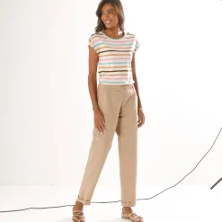 T-Shirt En Topje<Blancheporte Gestreept T-shirt met knoopdetail in jerseytricot ecru / veelkleurig