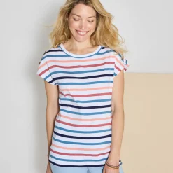 T-Shirt En Topje<Blancheporte Gestreept T-shirt met knoopdetail in jerseytricot wit / veelkleurig