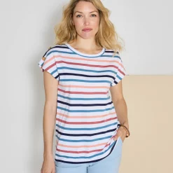 T-Shirt En Topje<Blancheporte Gestreept T-shirt met knoopdetail in jerseytricot wit / veelkleurig