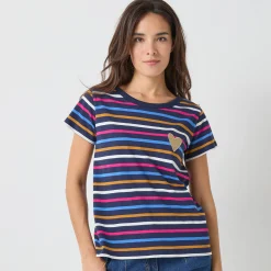 T-Shirt En Topje<Blancheporte Gestreept T-shirt met korte mouwen, goudkleurig hartje marine / veelkleurig