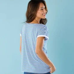 T-Shirt En Topje<Blancheporte Gestreept T-shirt met korte mouwen en geplaatste print, Kleine Lengtes wit / blauw