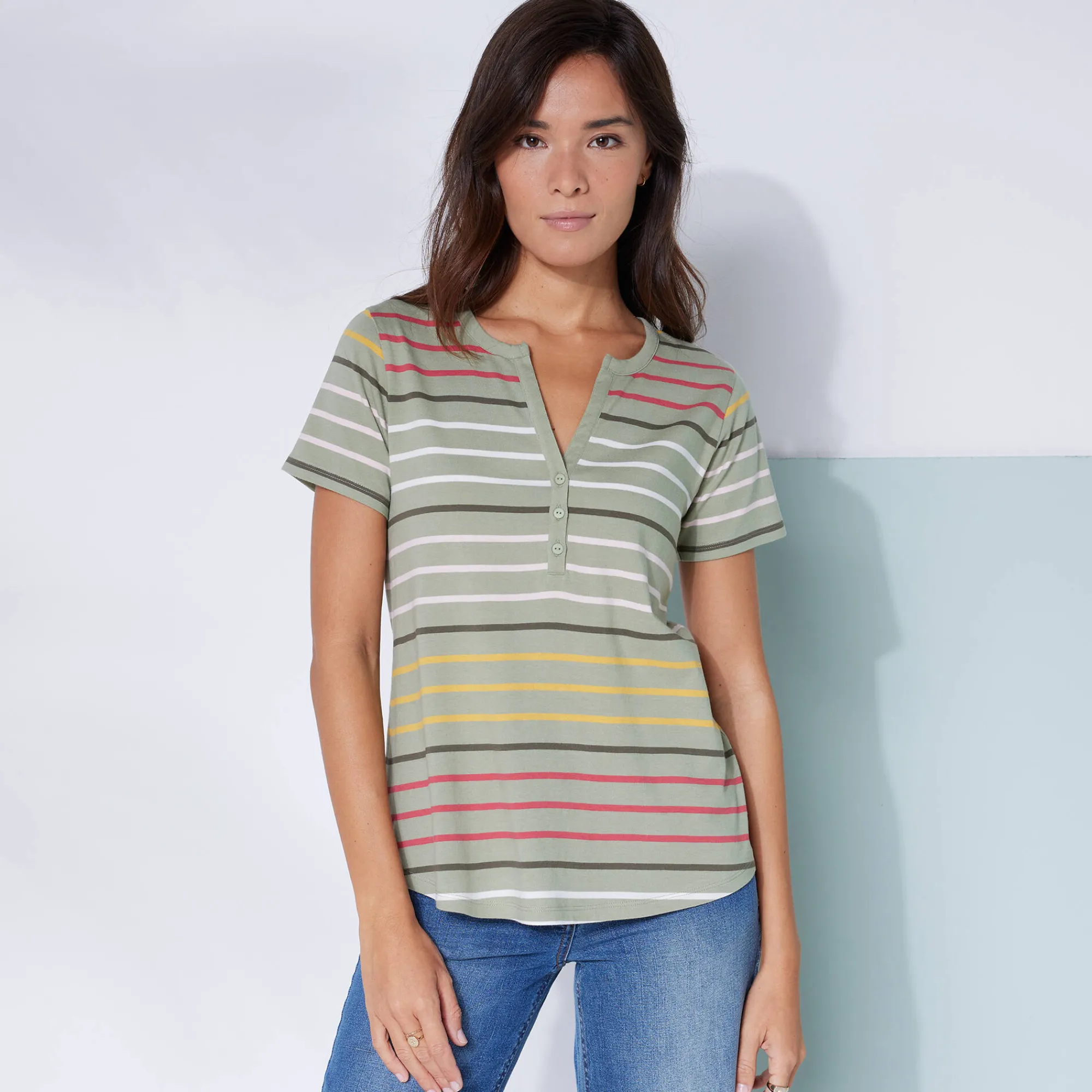 T-Shirt En Topje<Blancheporte Gestreept T-shirt met Tunesische hals en korte mouwen kaki / veelkleurig