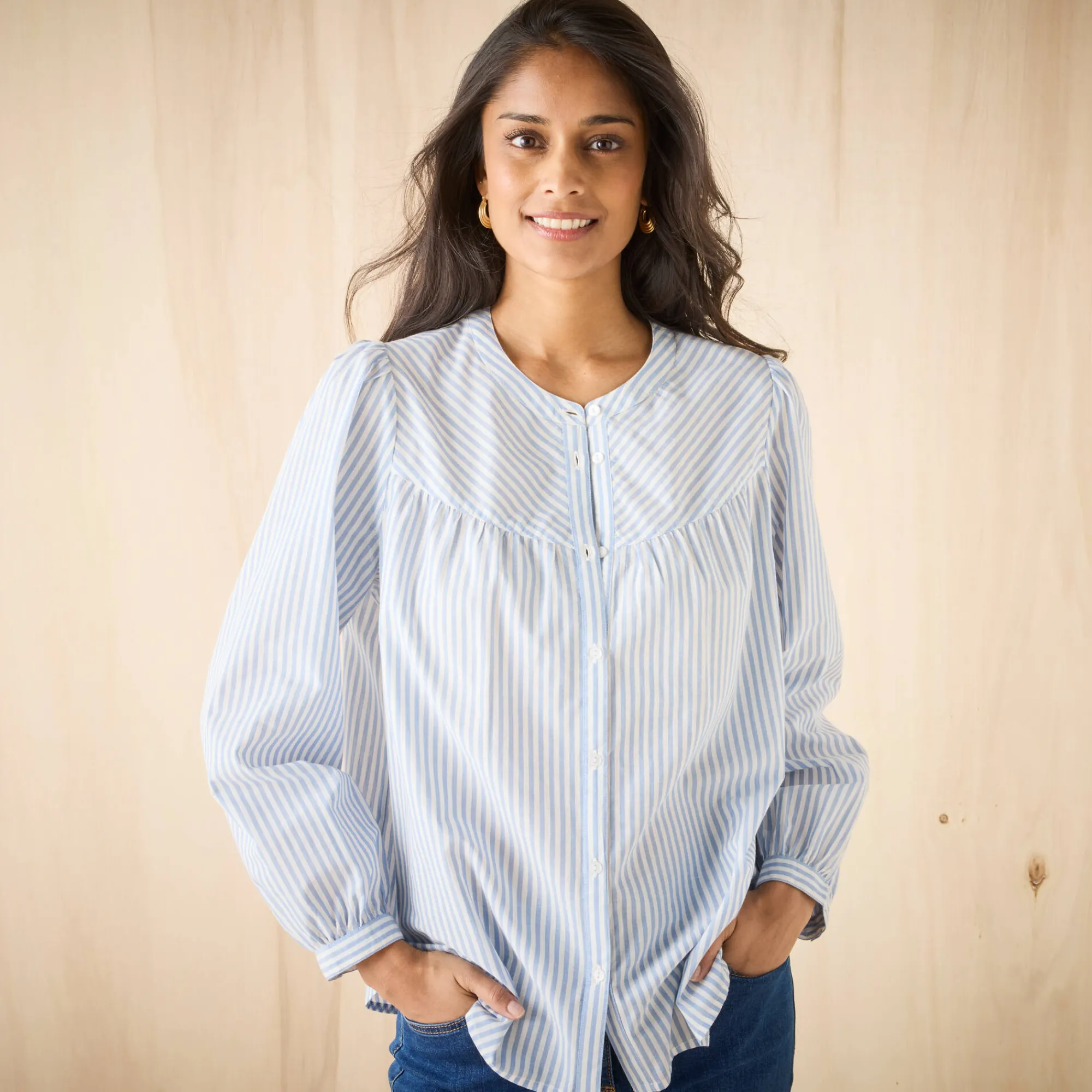 Bloes En Tuniek<Blancheporte Gestreepte bloes met knopen en ronde hals blauw / wit