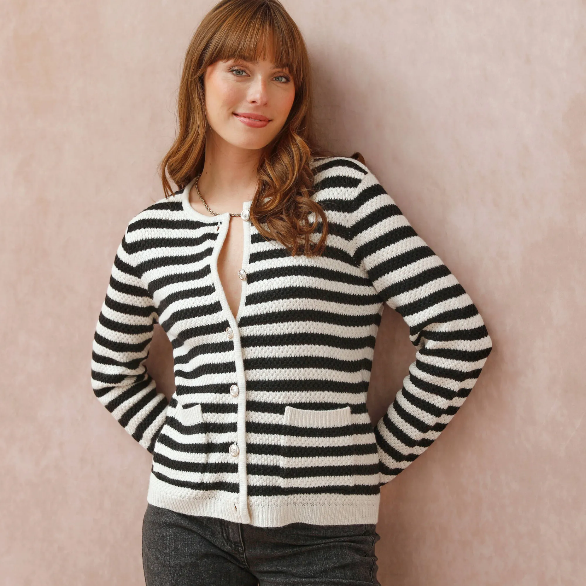 Trui En Vest<Blancheporte Gestreepte cardigan in fantasietricot ecru / zwart
