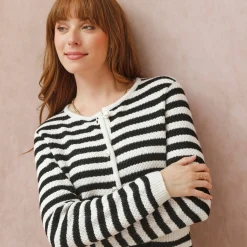Trui En Vest<Blancheporte Gestreepte cardigan in fantasietricot ecru / zwart