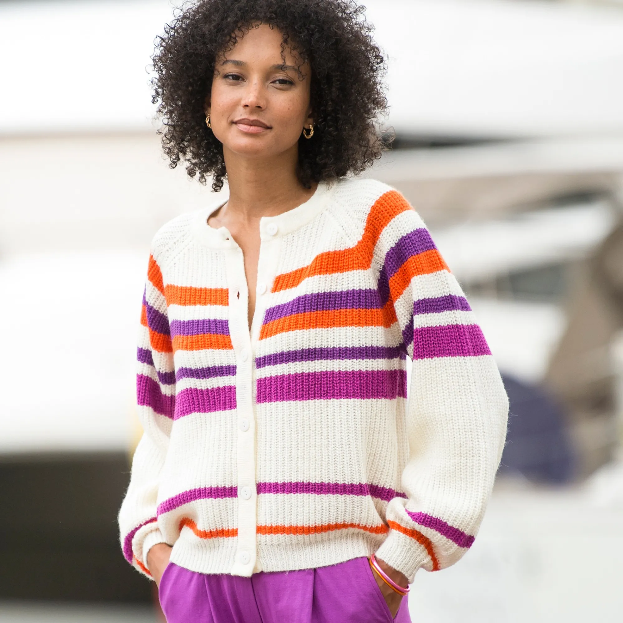 Trui En Vest<Blancheporte Gestreepte cardigan met knoopsluiting ecru / violine