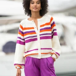 Trui En Vest<Blancheporte Gestreepte cardigan met knoopsluiting ecru / violine