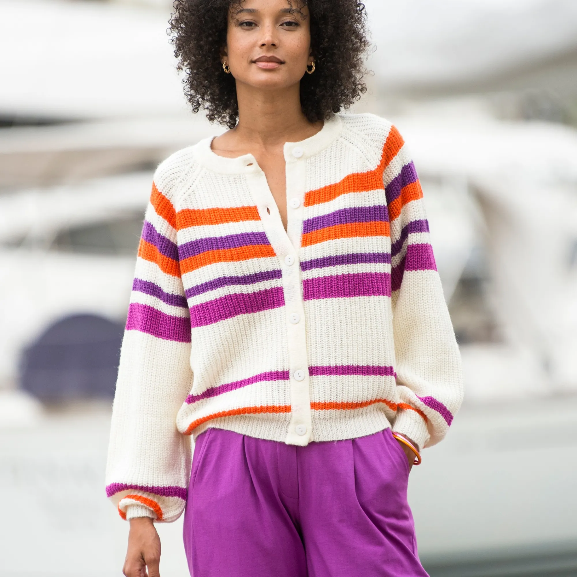 Trui En Vest<Blancheporte Gestreepte cardigan met knoopsluiting ecru / violine