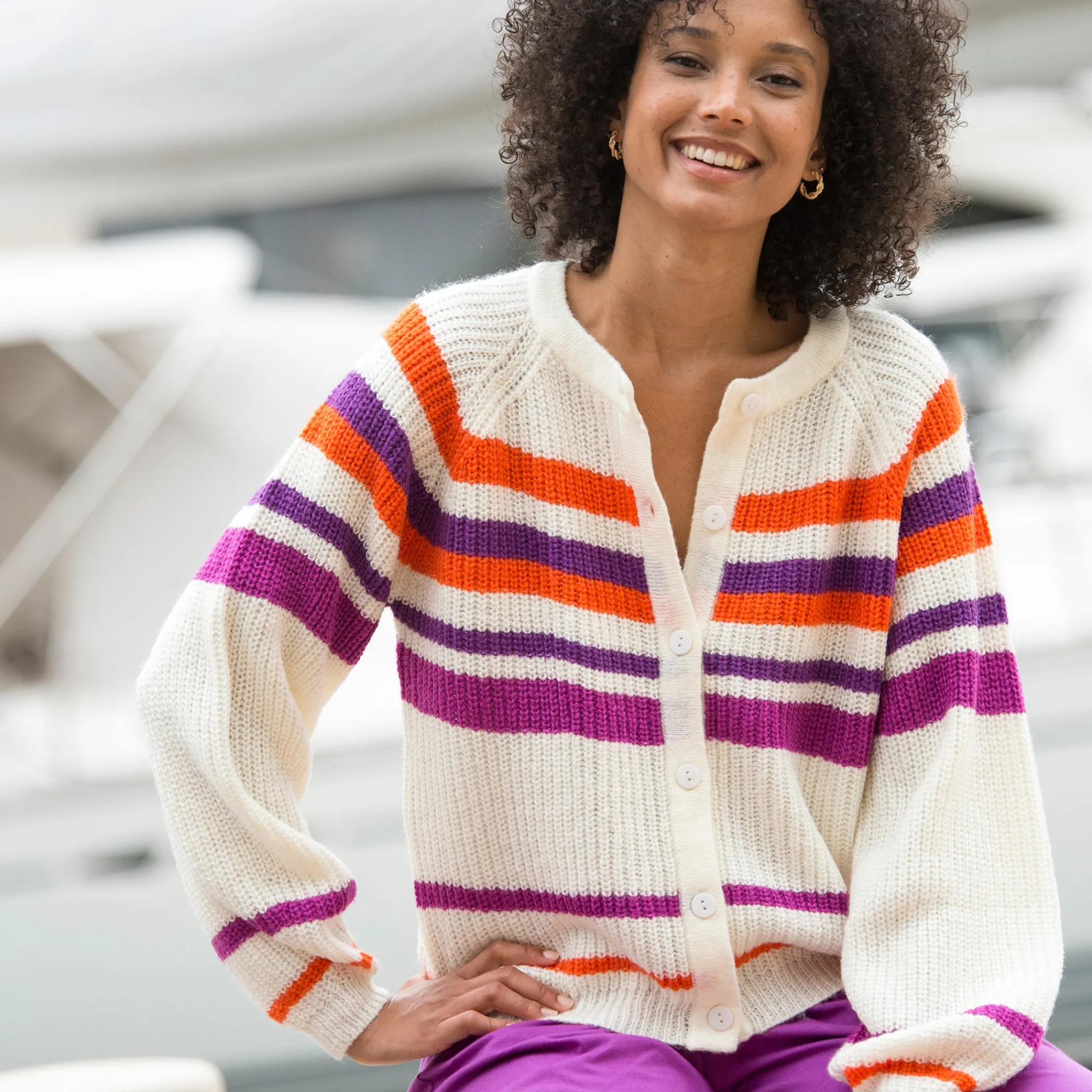 Trui En Vest<Blancheporte Gestreepte cardigan met knoopsluiting ecru / violine