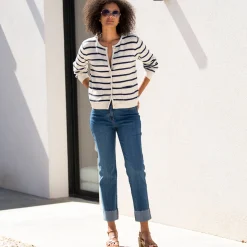 Trui En Vest<Blancheporte Gestreepte cardigan met officiersknopen, fantasietricot ecru / marine
