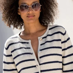 Trui En Vest<Blancheporte Gestreepte cardigan met officiersknopen, fantasietricot ecru / marine