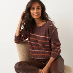 Trui En Vest<Blancheporte Gestreepte loose trui, boothals chocolade / rozenhout