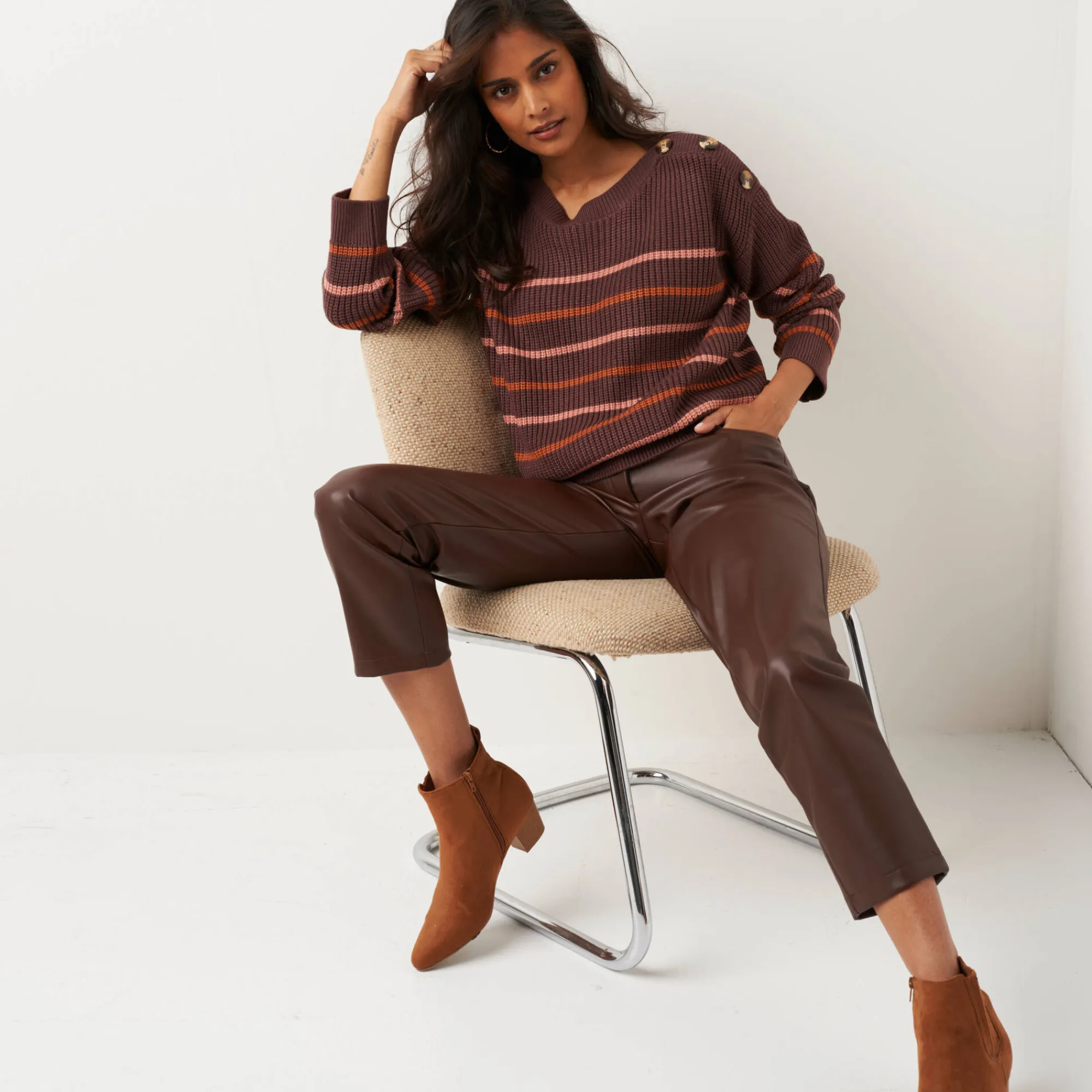 Trui En Vest<Blancheporte Gestreepte loose trui, boothals chocolade / rozenhout