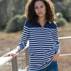 T-Shirt En Topje<Blancheporte Gestreepte polo in jerseytricot marine / gebroken wit