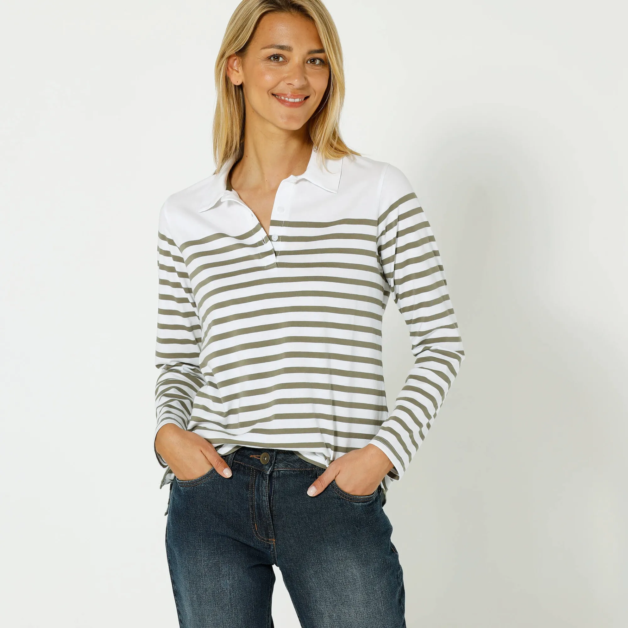 T-Shirt En Topje<Blancheporte Gestreepte polo in jerseytricot kaki / gebroken wit