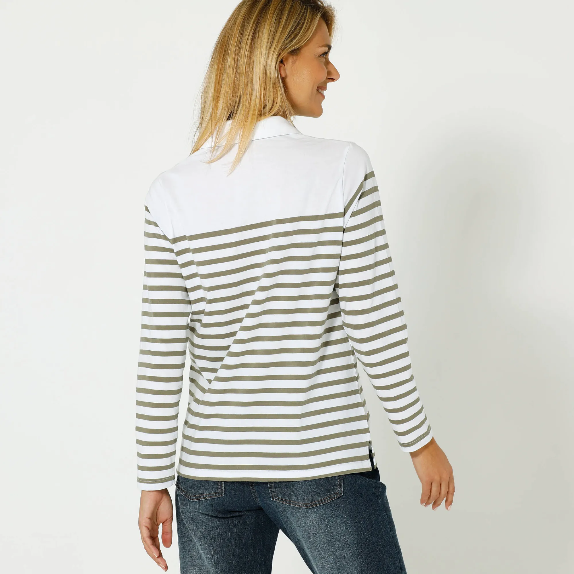 T-Shirt En Topje<Blancheporte Gestreepte polo in jerseytricot kaki / gebroken wit