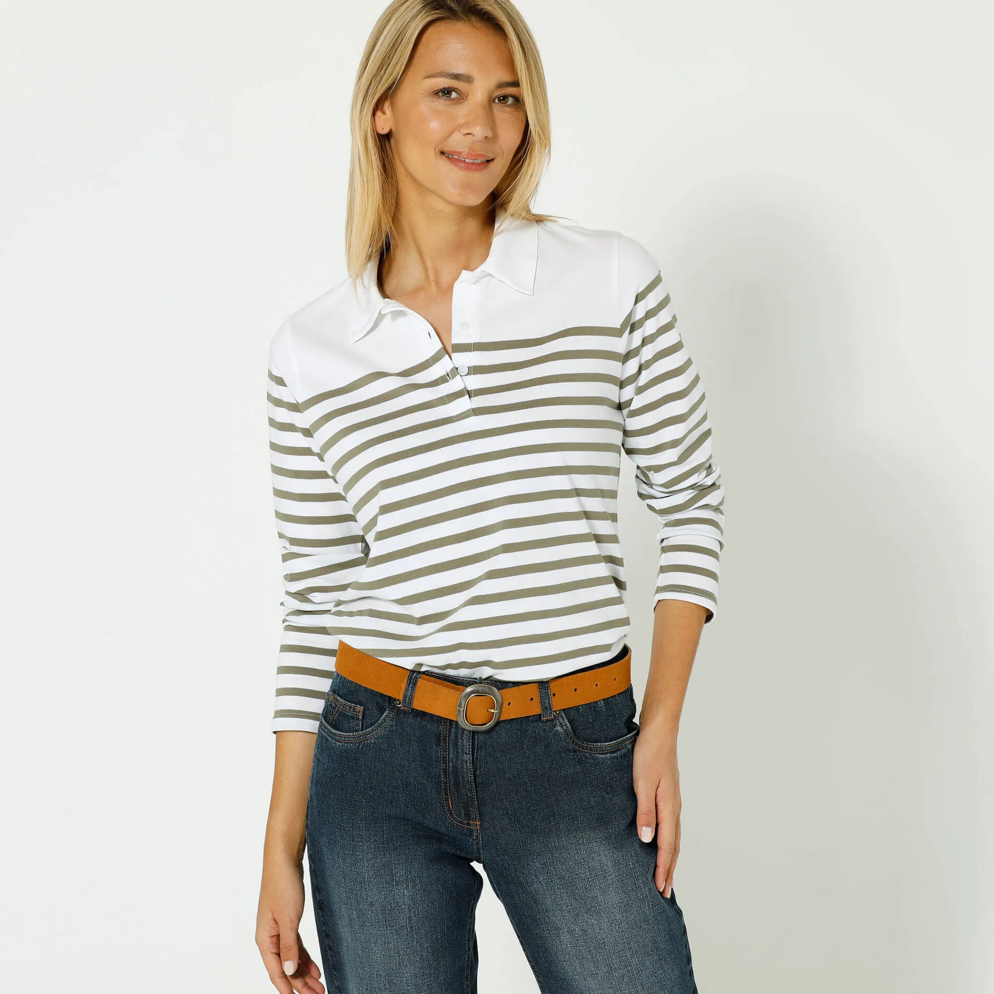 T-Shirt En Topje<Blancheporte Gestreepte polo in jerseytricot kaki / gebroken wit