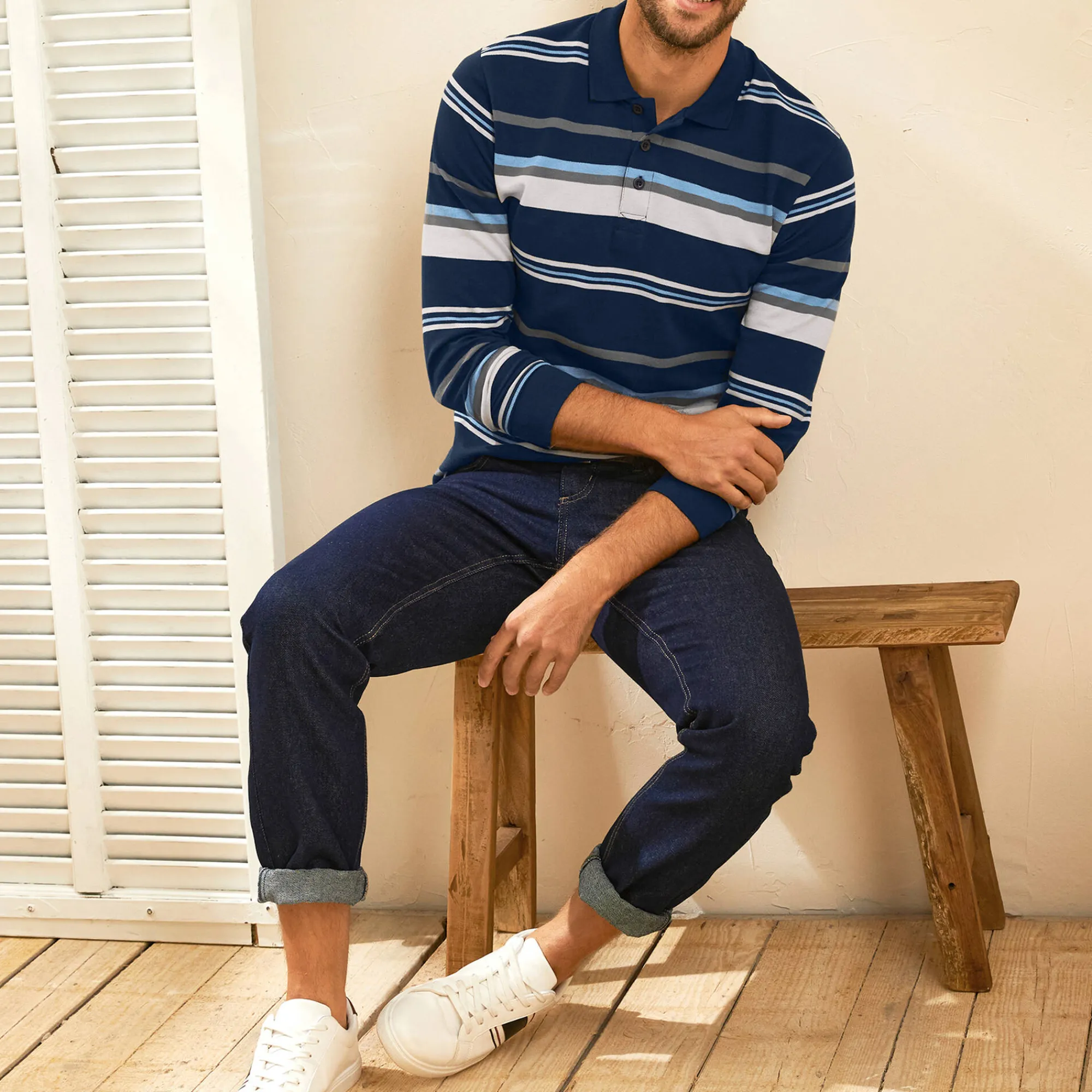 T-Shirt, Hemd En Polo<Blancheporte Gestreepte polo in piquétriot, lange mouwen marine / grijs