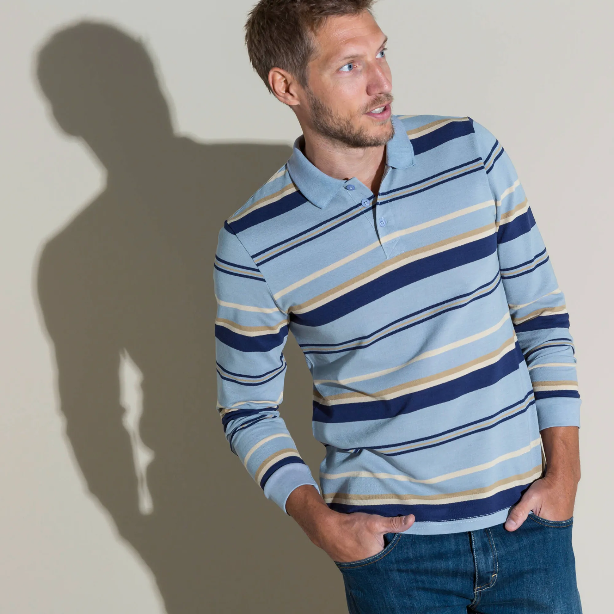 T-Shirt, Hemd En Polo<Blancheporte Gestreepte polo in piquétriot, lange mouwen lichtblauw