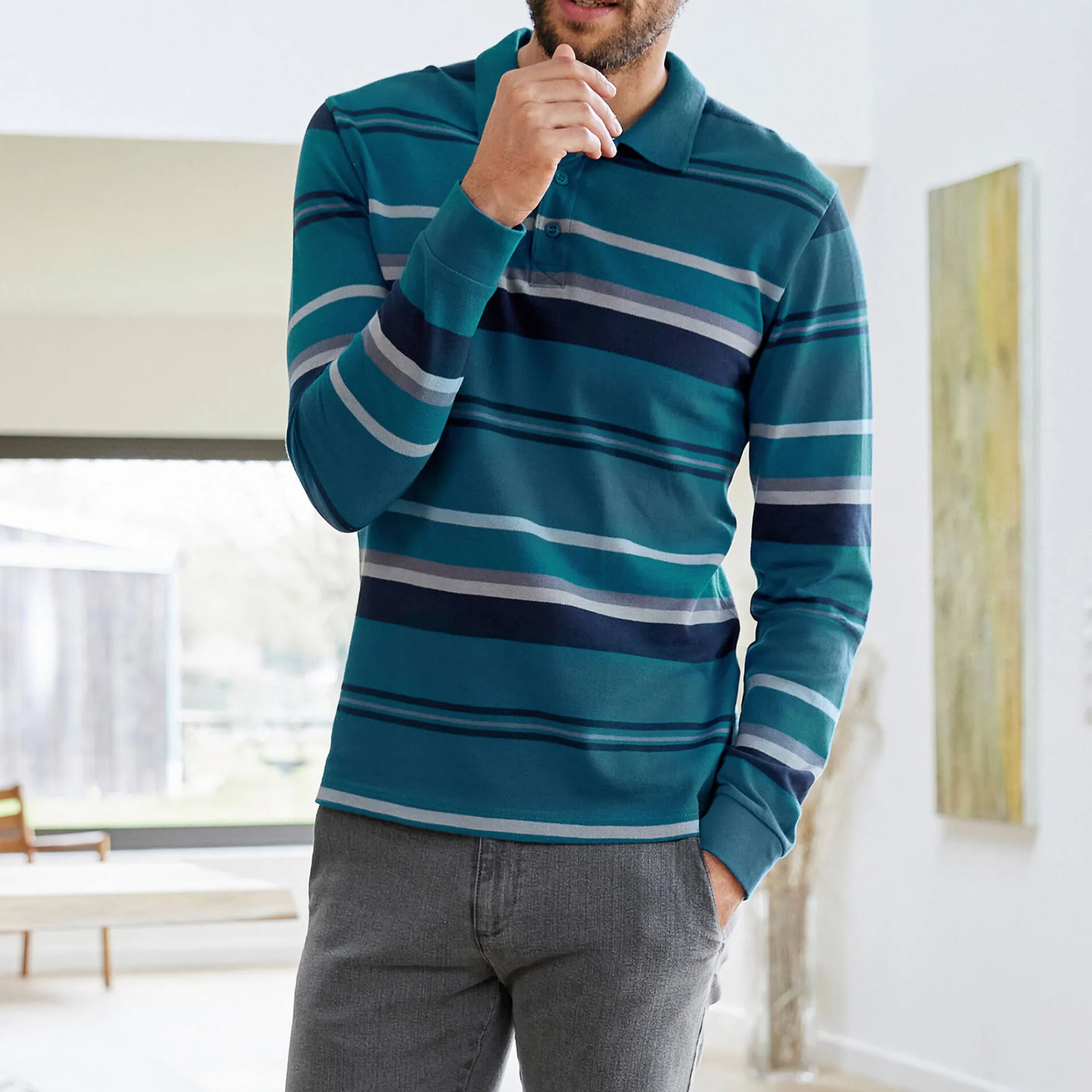 T-Shirt, Hemd En Polo<Blancheporte Gestreepte polo in piquétriot, lange mouwen eendenblauw