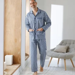 Pyjama En Kamerjas<Blancheporte Gestreepte pyjama - katoenpopeline marine / ecru
