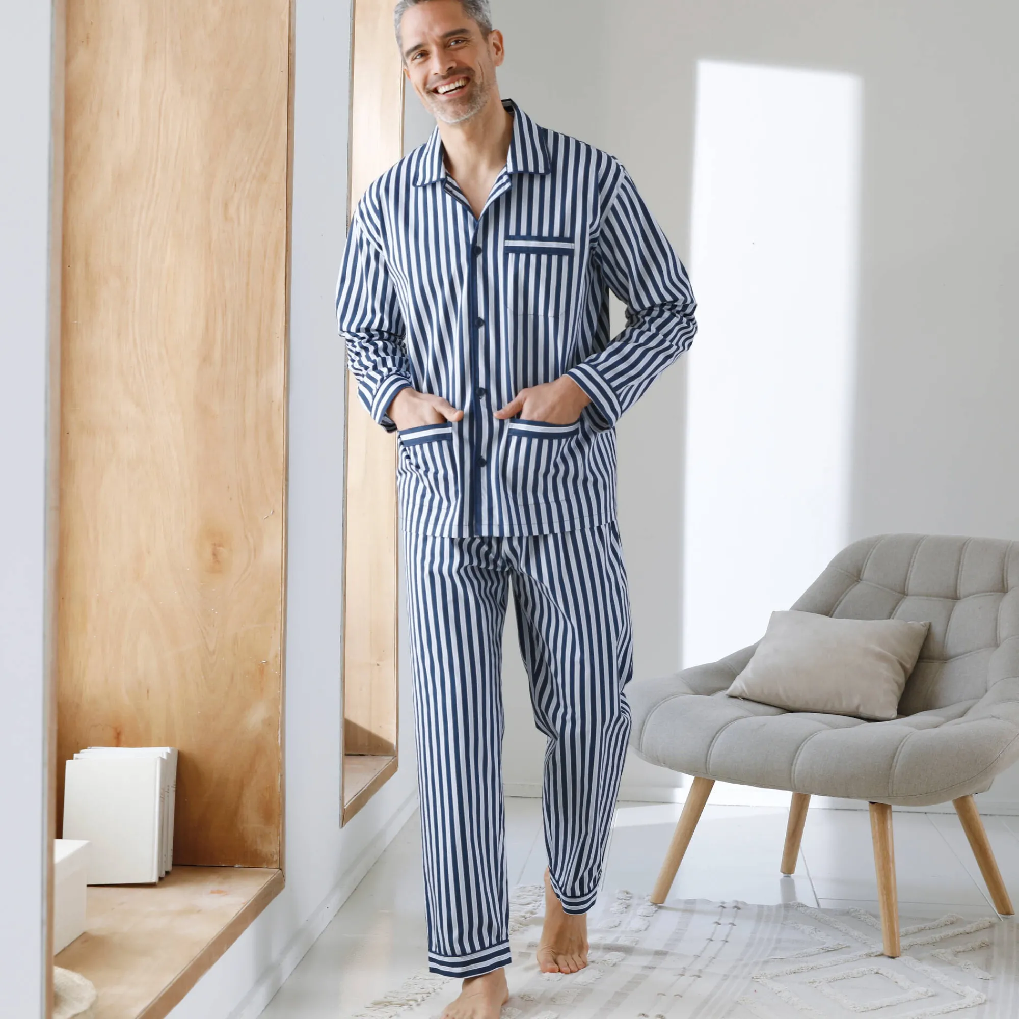 Pyjama En Kamerjas<Blancheporte Gestreepte pyjama - katoenpopeline marine / ecru