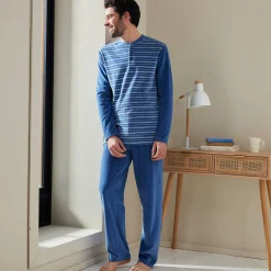 Pyjama En Kamerjas<Blancheporte Gestreepte pyjama in velours met korte mouwen blauw