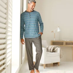 Pyjama En Kamerjas<Blancheporte Gestreepte pyjama met Tunesische hals antraciet / eendenblauw