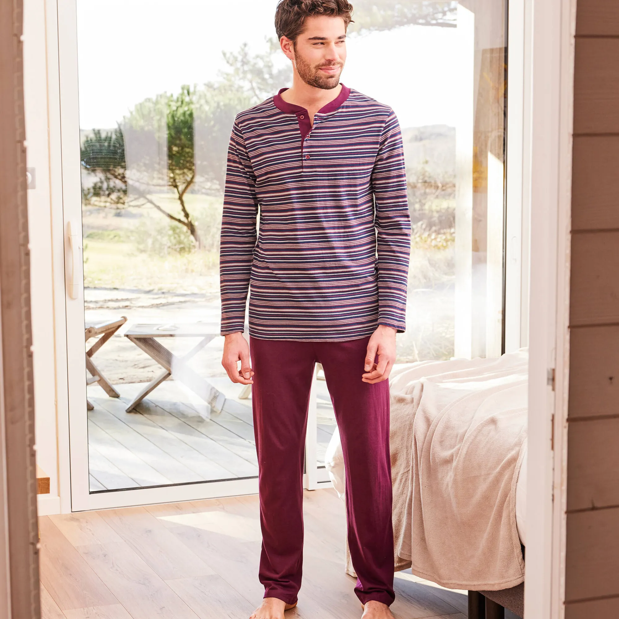Pyjama En Kamerjas<Blancheporte Gestreepte pyjama met Tunesische hals bordeaux