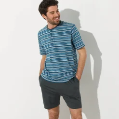 Pyjama En Kamerjas<Blancheporte Gestreepte shortama met Tunesische hals antraciet / eendenblauw