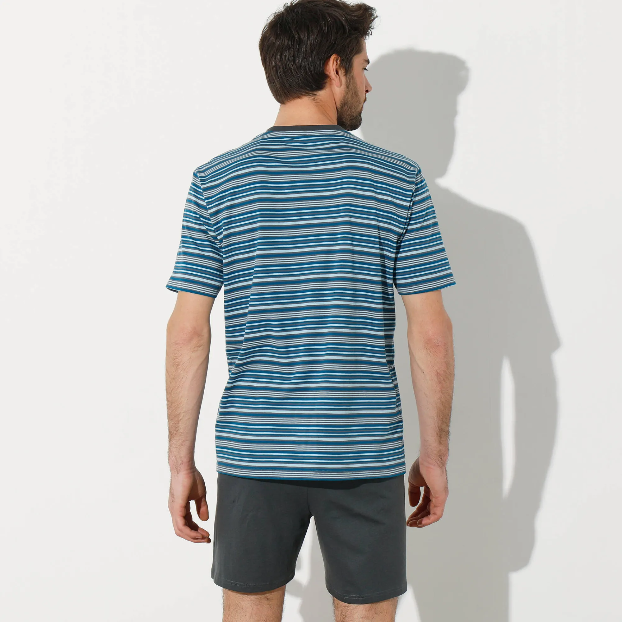 Pyjama En Kamerjas<Blancheporte Gestreepte shortama met Tunesische hals antraciet / eendenblauw