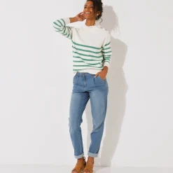 Trui En Vest<Blancheporte Gestreepte trui, hals in broderie anglaise ecru / groen