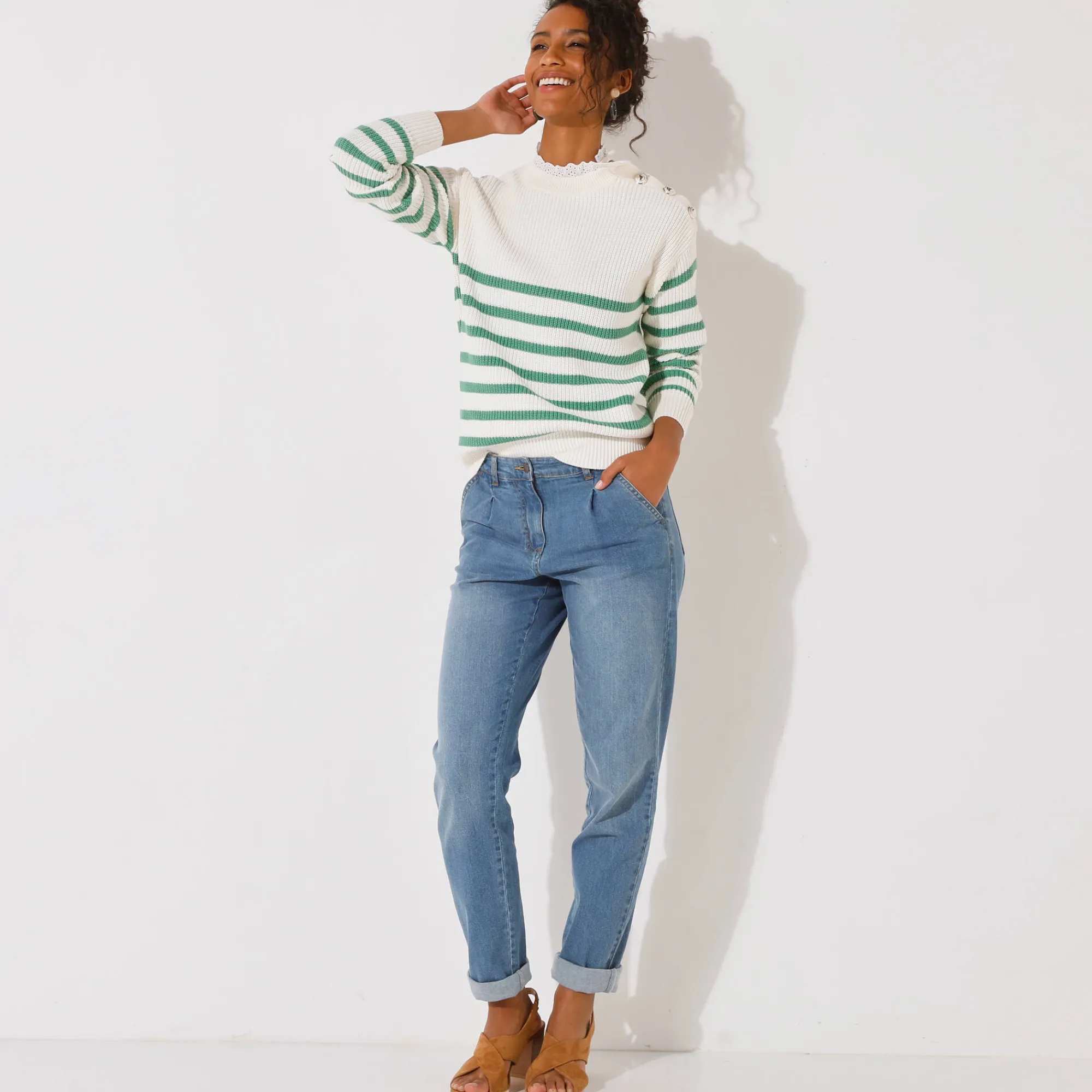 Trui En Vest<Blancheporte Gestreepte trui, hals in broderie anglaise ecru / groen