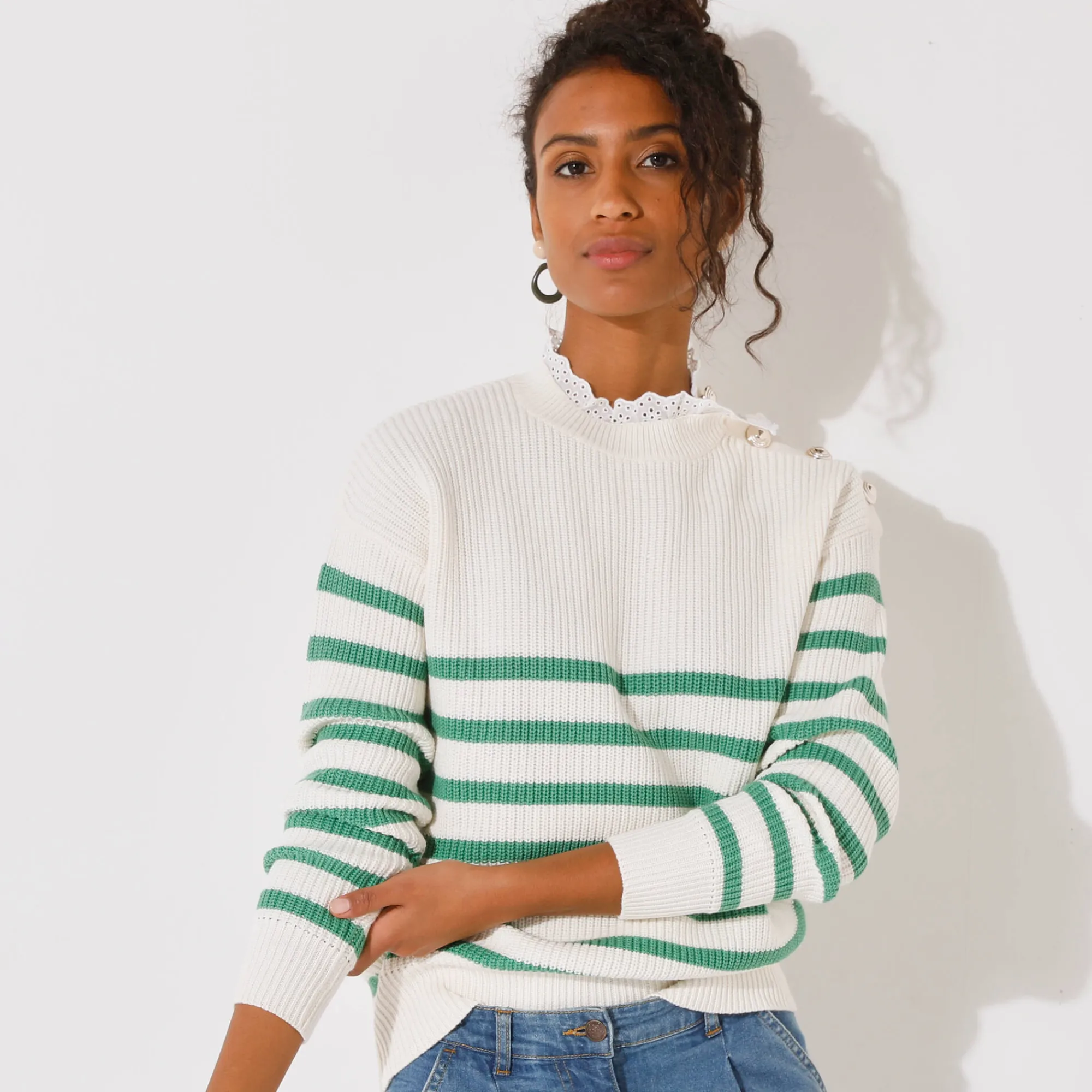 Trui En Vest<Blancheporte Gestreepte trui, hals in broderie anglaise ecru / groen