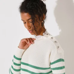 Trui En Vest<Blancheporte Gestreepte trui, hals in broderie anglaise ecru / groen