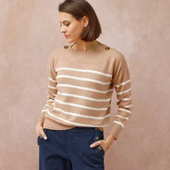 Trui En Vest<Blancheporte Gestreepte trui met boothals, knopen aan de schouders chiné beige / ecru