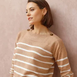 Trui En Vest<Blancheporte Gestreepte trui met boothals, knopen aan de schouders chiné beige / ecru