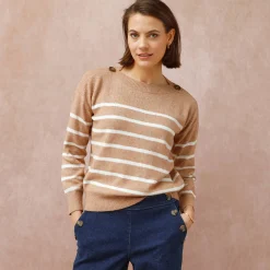 Trui En Vest<Blancheporte Gestreepte trui met boothals, knopen aan de schouders chiné beige / ecru