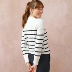 Trui En Vest<Blancheporte Gestreepte trui met boothals, knopen aan de schouders ecru / marine