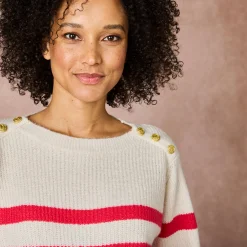 Trui En Vest<Blancheporte Gestreepte trui met goudkleurige knopen, patenttricot ecru / roze