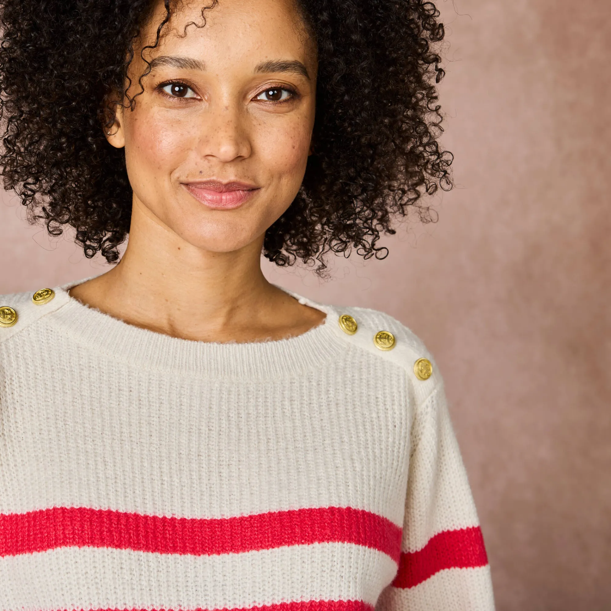 Trui En Vest<Blancheporte Gestreepte trui met goudkleurige knopen, patenttricot ecru / roze