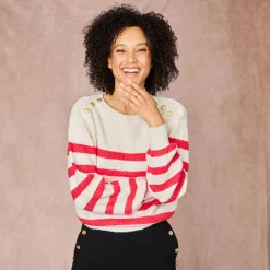 Trui En Vest<Blancheporte Gestreepte trui met goudkleurige knopen, patenttricot ecru / roze