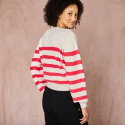 Trui En Vest<Blancheporte Gestreepte trui met goudkleurige knopen, patenttricot ecru / roze