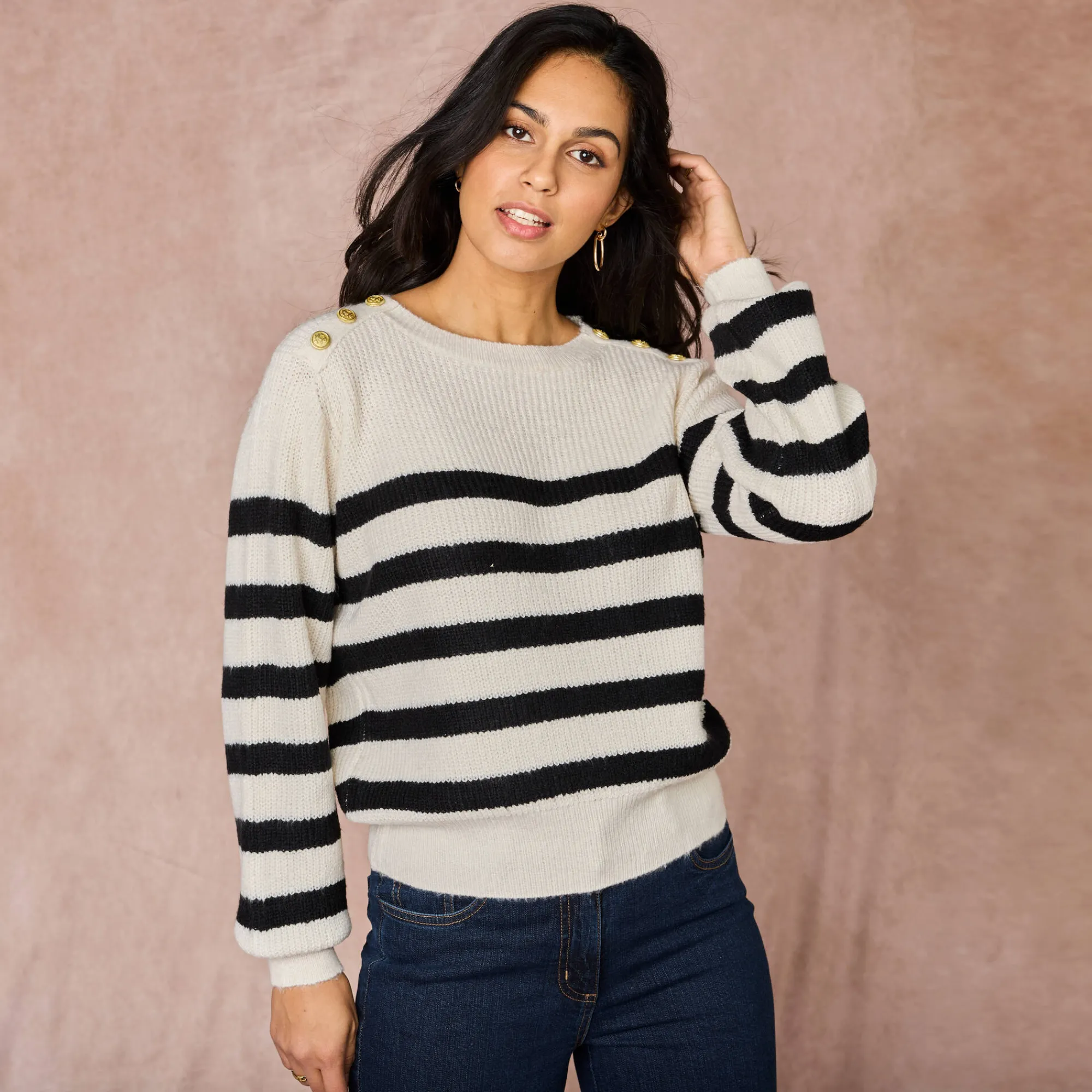 Trui En Vest<Blancheporte Gestreepte trui met goudkleurige knopen, patenttricot ecru / zwart