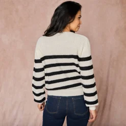 Trui En Vest<Blancheporte Gestreepte trui met goudkleurige knopen, patenttricot ecru / zwart